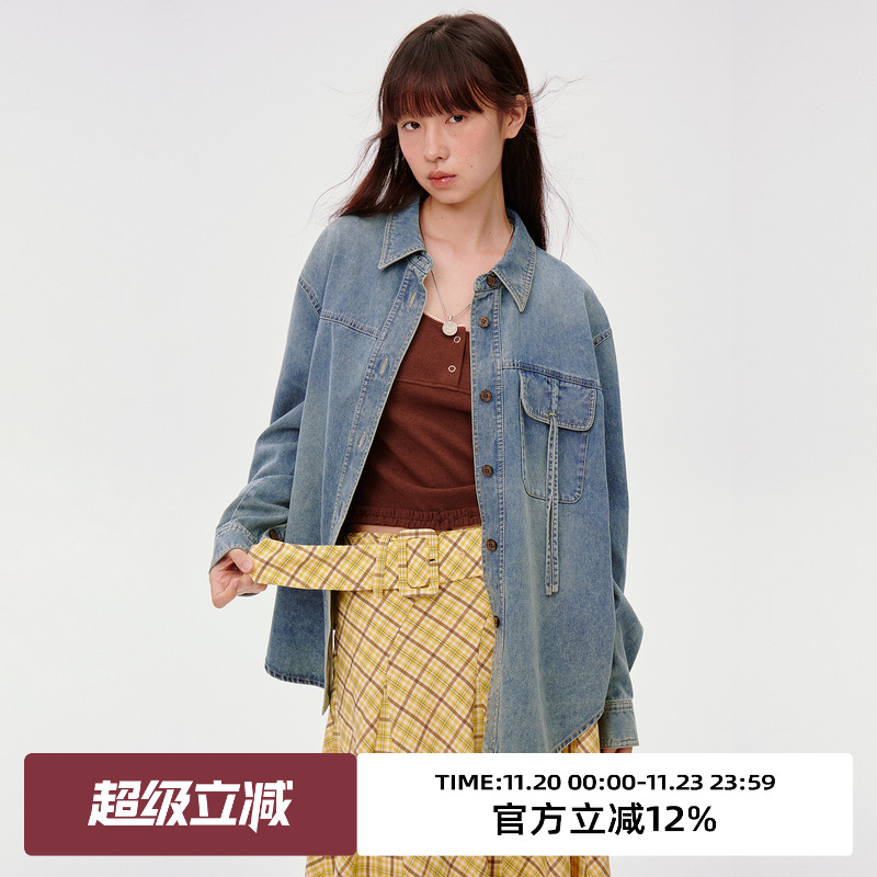 水洗牛仔蓝/口袋抽绳/牛仔衬衫