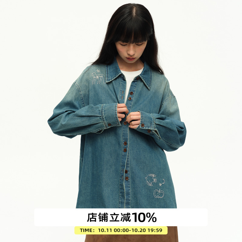 复古手绘刺绣宽松休闲长袖衬衫