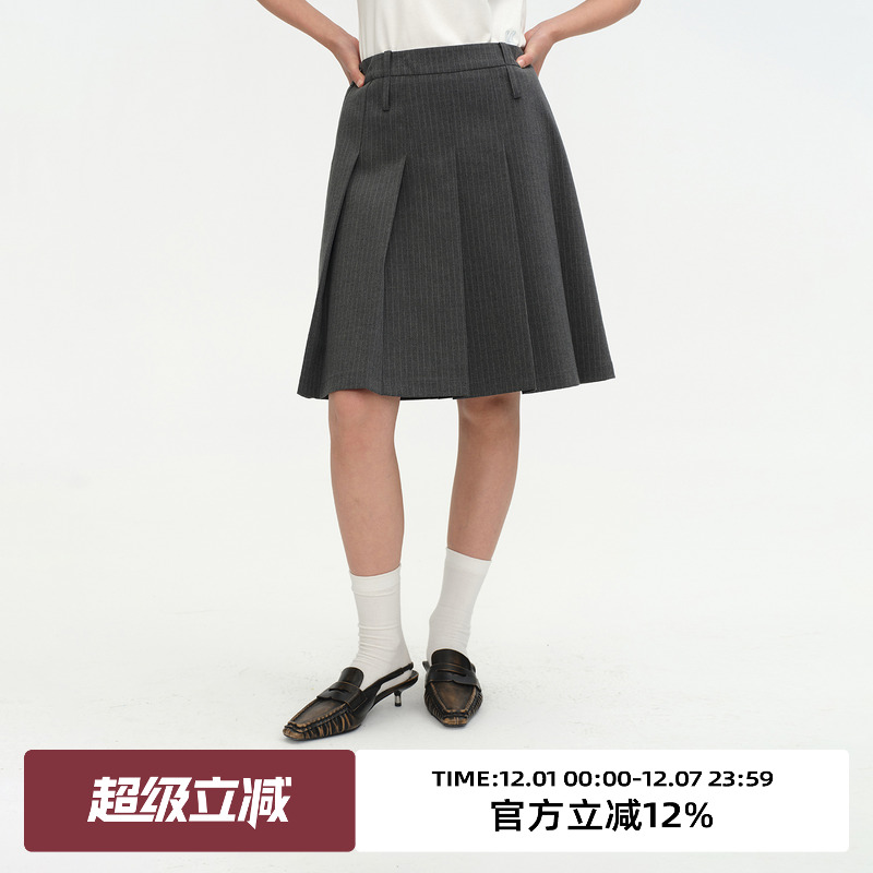 压褶/中腰线/中长半身裙