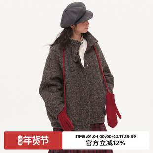 omont蛋挞家复古羊毛圈圈呢立领夹克羽绒服2025冬季宽松休闲外套