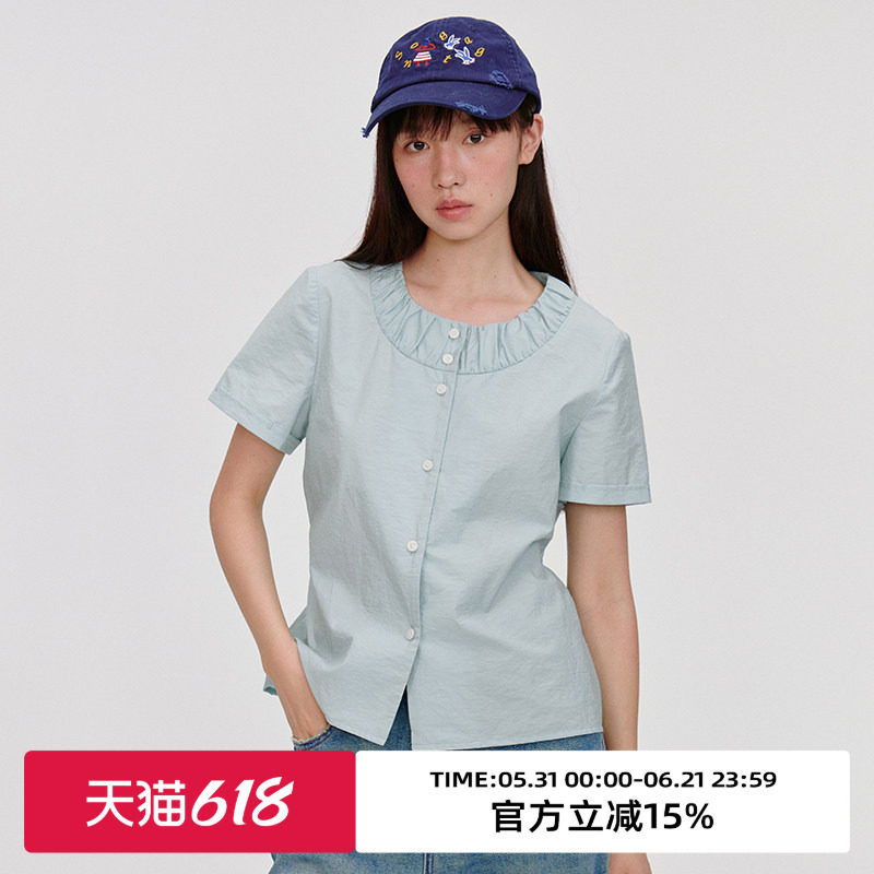 omont蛋挞家复古正肩收腰显瘦短袖衬衫夏圆领设计感宽松半袖上衣