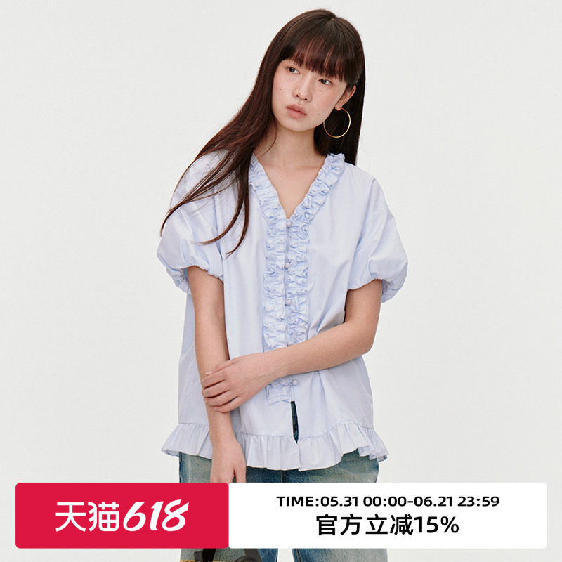 omont蛋挞家复古V领木耳边设计短袖衬衫夏气质宽松泡泡袖小衫上衣