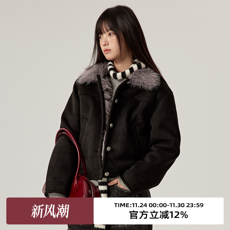 omont蛋挞家麂皮皮毛一体短外套