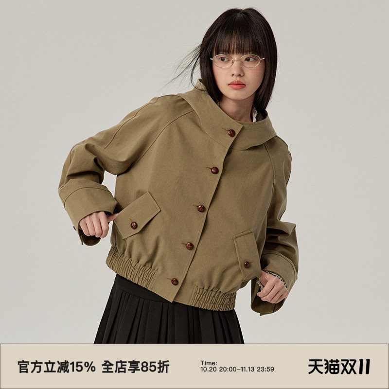 omont蛋挞家 复古连帽短款风衣外套秋季百搭学院风小个子上衣