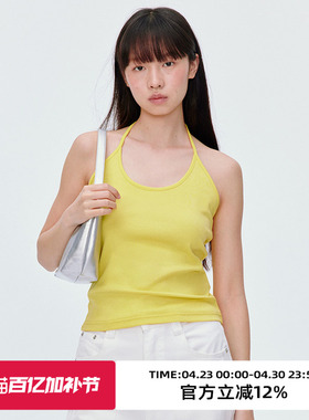 omont蛋挞家黄色挂脖外穿吊带背心2025夏季修身显瘦叠穿露背上衣