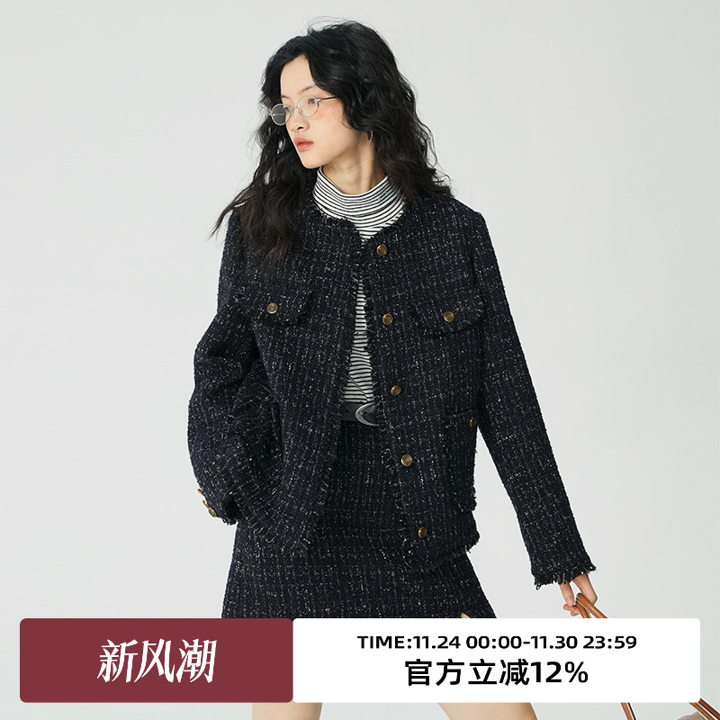 omont格子毛边小香风外套