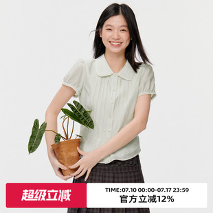 omont蛋挞家复古娃娃领短袖衬衫女2026夏季别致正肩修身显瘦上衣