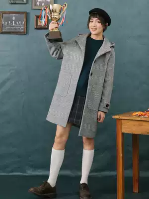 omont egg tarts retro loose hooded houndstooth woolen coat female student medium and long version woolen coat winter