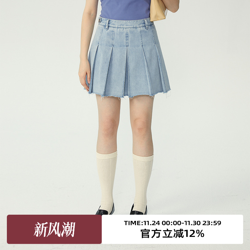 omont复古牛仔半身裙百褶裙