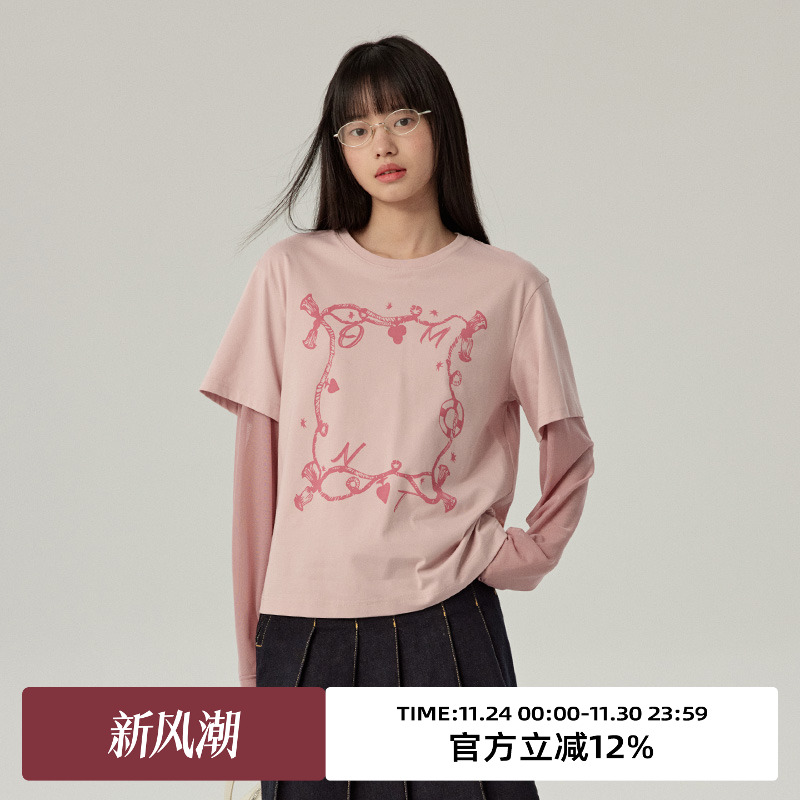 假两件/圆领网纱拼接短袖