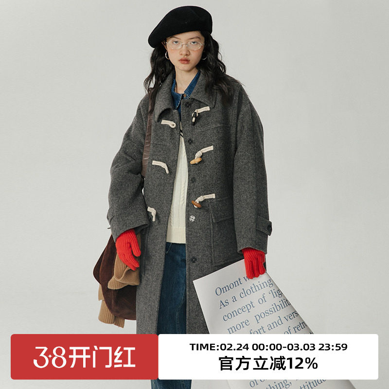 omont蛋挞家 牛角扣羊毛大衣女冬季新款宽松中长款毛呢外套