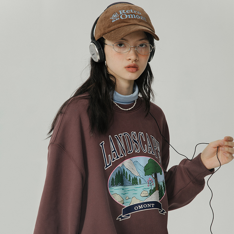 omont圆领印花加绒卫衣