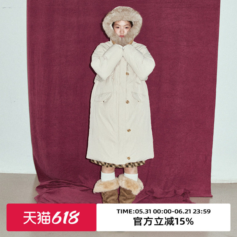 omont蛋挞家复古可卸毛领派克羽绒服2025冬保暖长款90白鸭绒外套