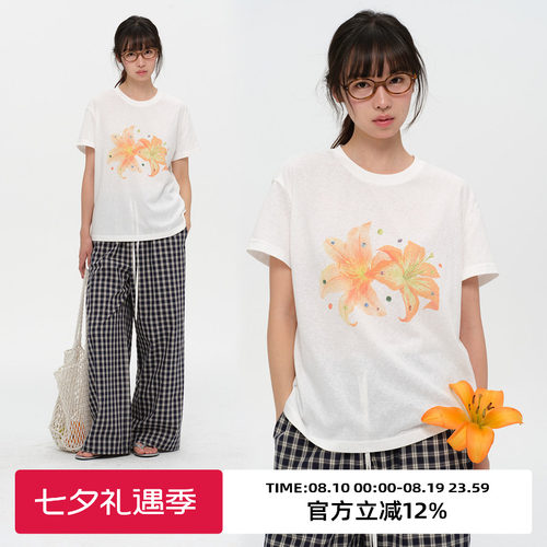 复古百合印花圆领宽松休闲短袖