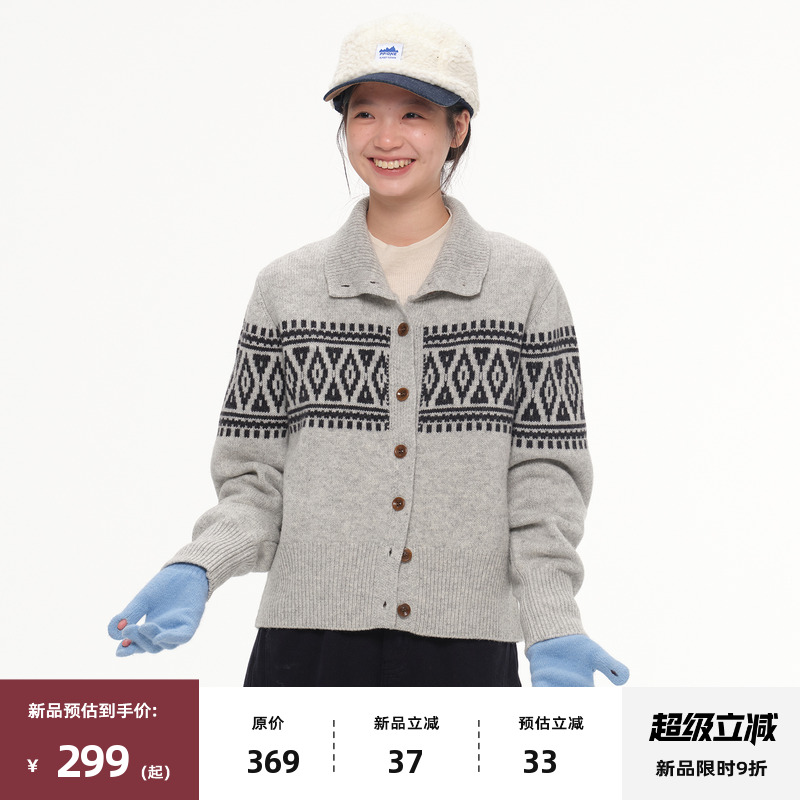 复古费尔岛立领针织开衫毛衣