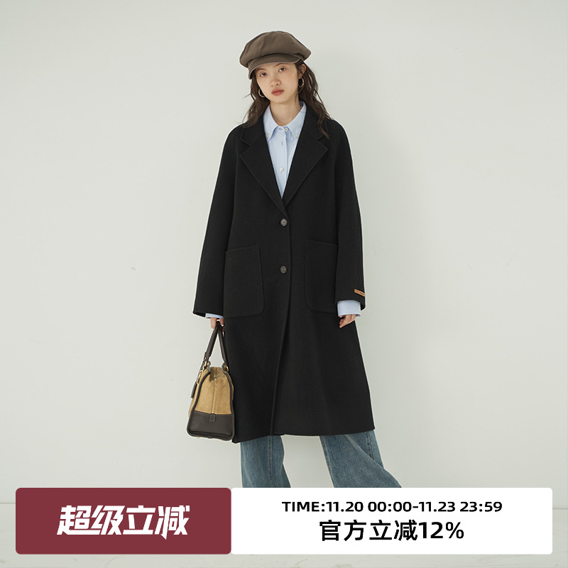 omont蛋挞家羊毛混纺中长款复古