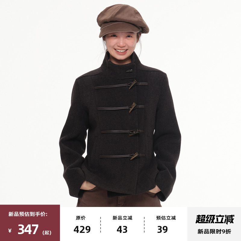 复古牛角扣收腰短款毛呢外套