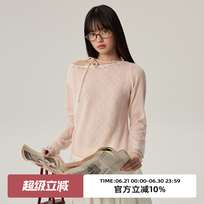 omont蛋挞家复古假两件蕾丝露肩毛衣2025春一字领修身针织衫上衣