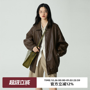 夹克外套女春秋 复古宽松机车短款 omont蛋挞家 棕色皮衣外套女新款