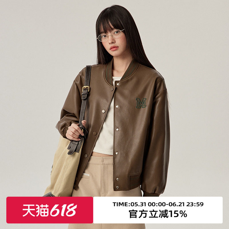 omont蛋挞家复古刺绣PU皮学院风夹克外套春秋季宽松棒球服皮衣