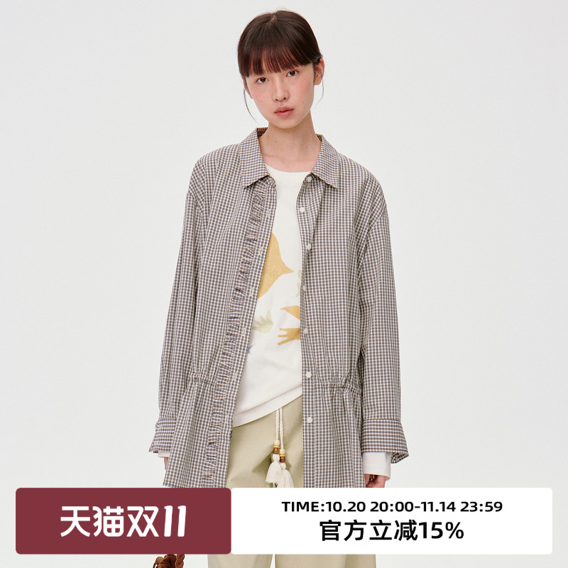 复古格子面料/木耳边长袖衬衫