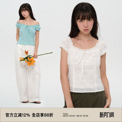 复古格纹泡泡袖短袖衬衫