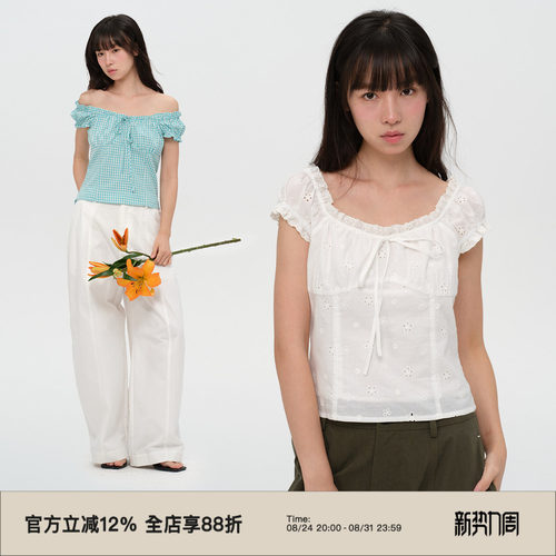复古格纹泡泡袖短袖衬衫