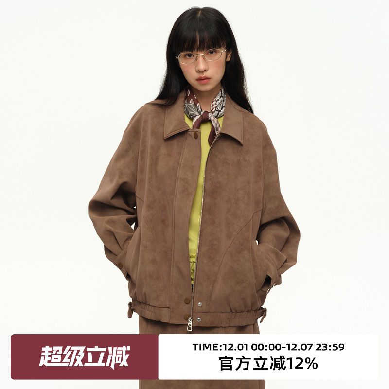 麂皮绒翻领宽松休闲皮衣外套