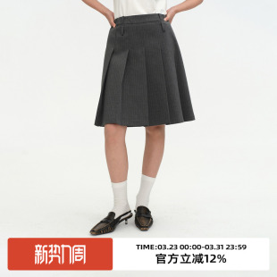 omont蛋挞家复古学院风灰色百褶裙2025秋季 高腰显瘦中长半身裙子