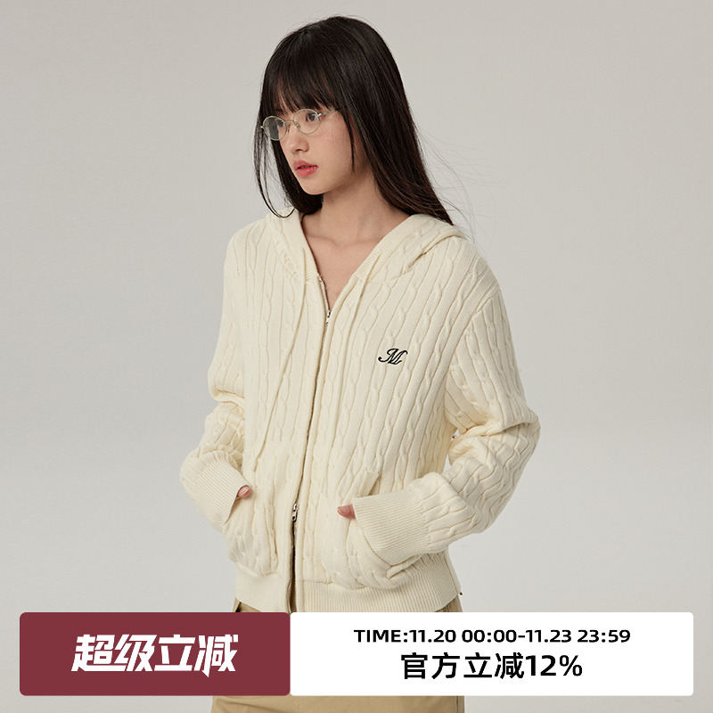 双拉链设计/麻花/连帽针织开衫