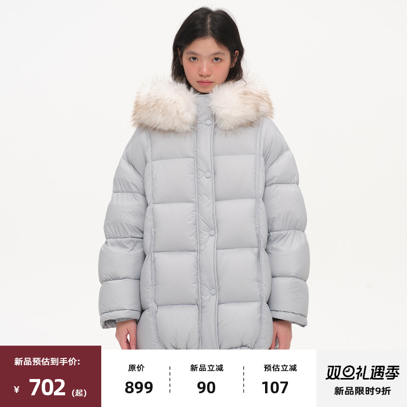 复古连帽仿狐狸毛中长款羽绒服