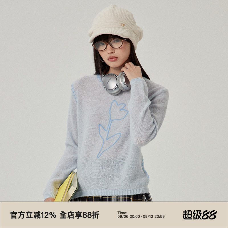omont蛋挞家 手工盘带绣马海毛针织衫秋圆领宽松慵懒套头毛衣