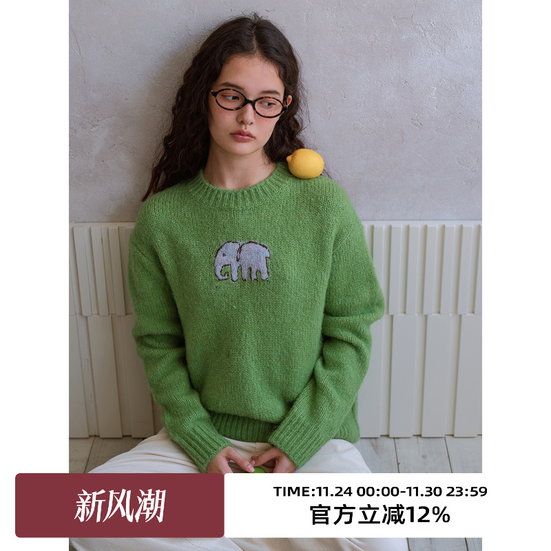 复古圆领套头针织毛衣