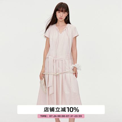 omont蛋挞家复古小飞袖长款连衣裙2025夏气质收腰显瘦百褶中长裙