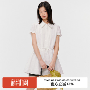 omont蛋挞气质绣花短袖连衣裙2026春夏收腰显瘦短款白色初恋裙子