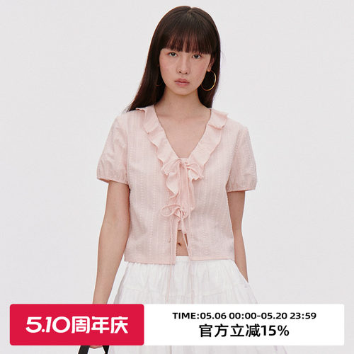 荷叶边/系带/宽松型短袖衬衫