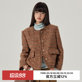 omont蛋挞家 新复古粗花呢廓形短上衣 气质圆领小香风外套春秋季