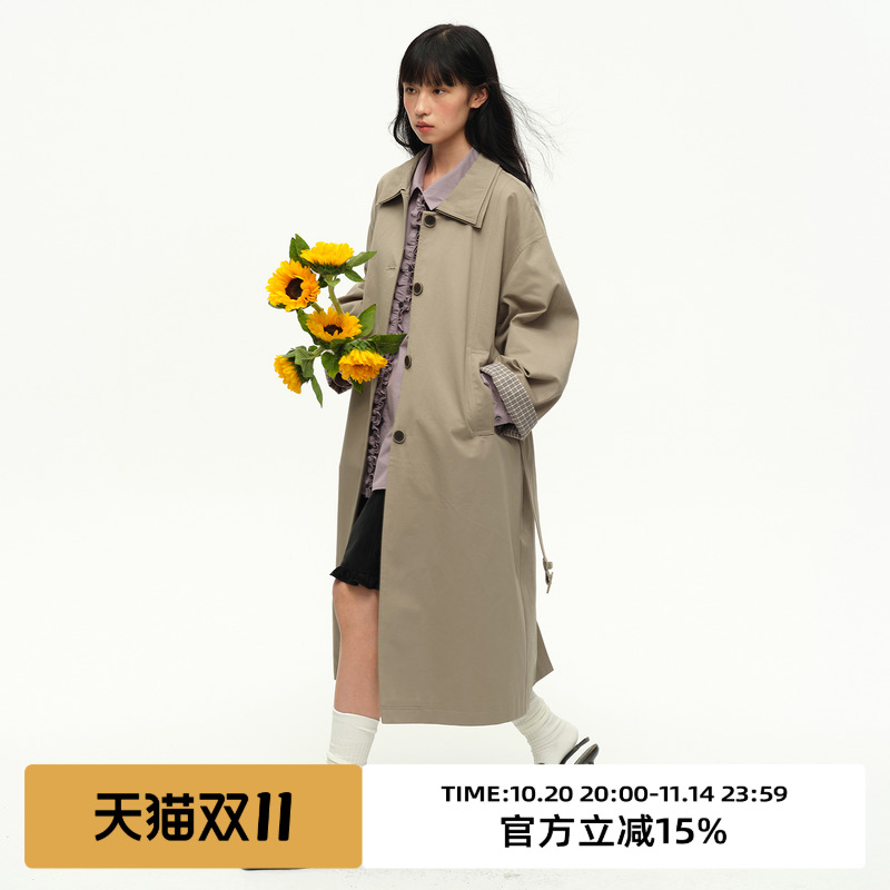 翻领单排扣长款风衣外套