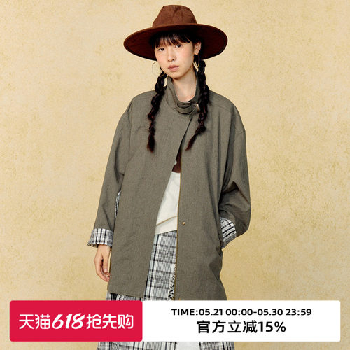 立领格纹拼接设计/中长风衣外套
