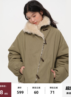 【新品9折】omont蛋挞家复古仿羊羔毛宽松休闲厚实座山雕棉服外套