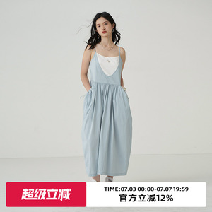omont蛋挞家 机能抽绳吊带连衣裙女夏季年新款复古中长款裙子