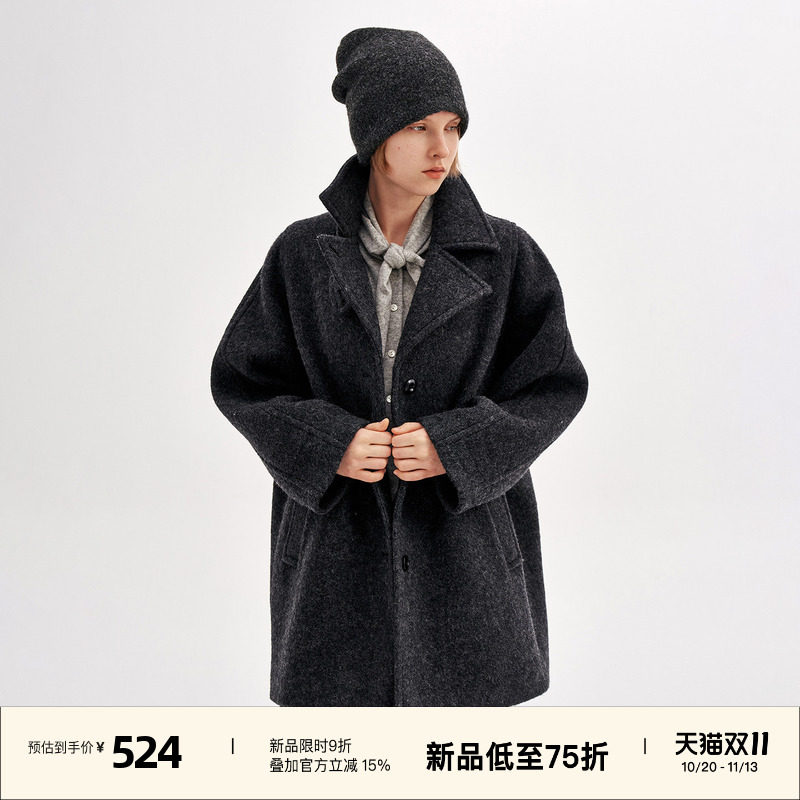 【10/20 20点新品9折】omont蛋挞家绵羊毛混纺翻驳领宽松毛呢外套