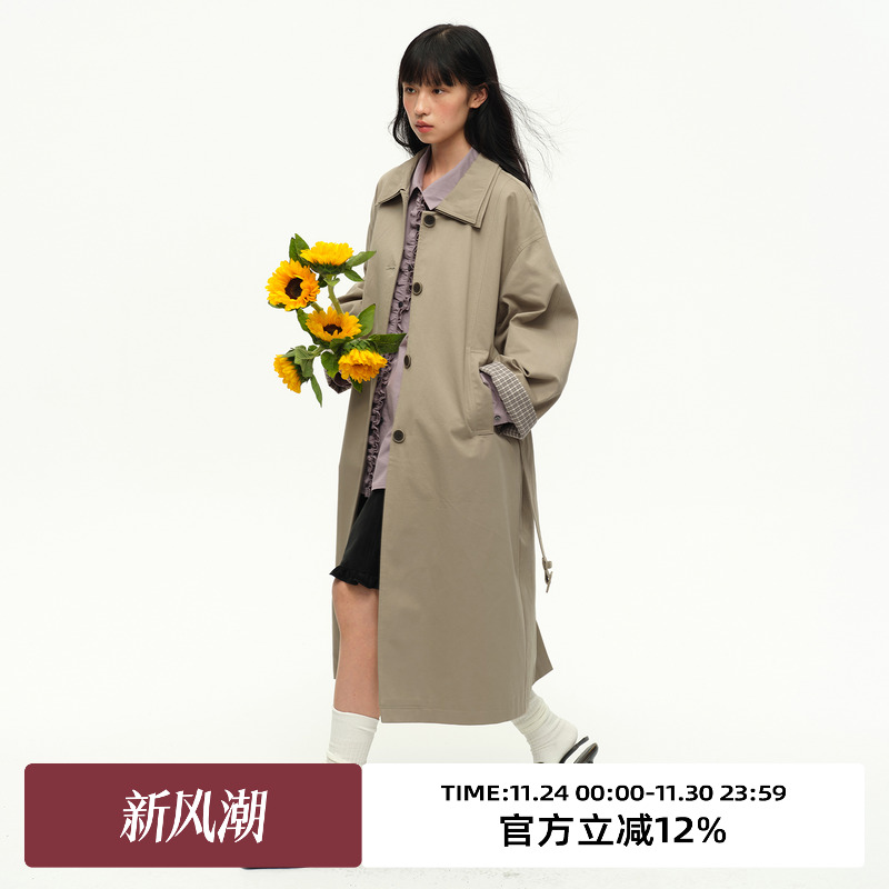 翻领单排扣长款风衣外套