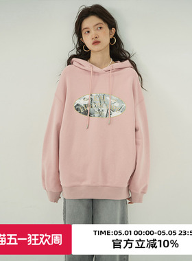omont蛋挞家 加绒印花连帽卫衣女秋冬新款宽松休闲帽衫上衣