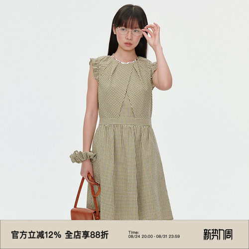 复古格纹/领口捏褶设计连衣裙