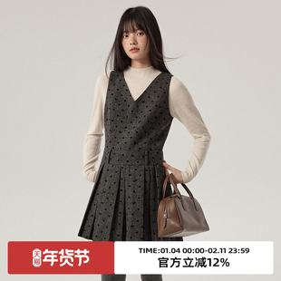 omont蛋挞家植绒立体波点印花背心裙子冬季外搭叠穿V领连衣裙