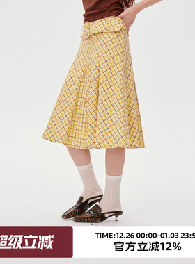 omont蛋挞家复古格纹高腰半身裙2025夏小众设计感a字中长百褶裙子