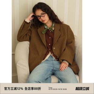 omont蛋挞家复古千鸟格毛呢西装外套秋季学院风宽松休闲西服