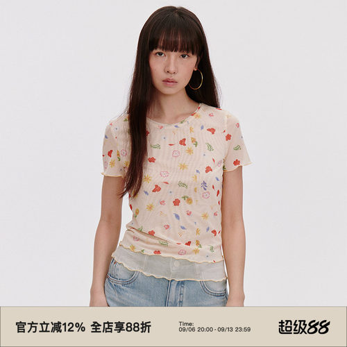印花网纱/小圆领/撞色花边T恤