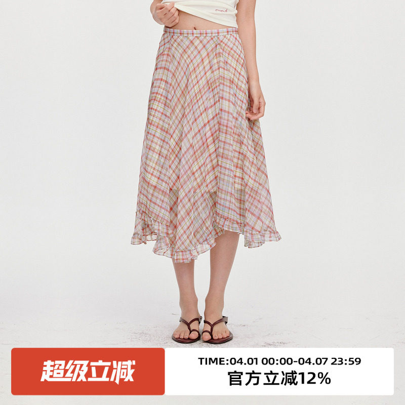 omont蛋挞家复古不规则下摆格纹半身裙2025夏微透网纱高腰中长裙